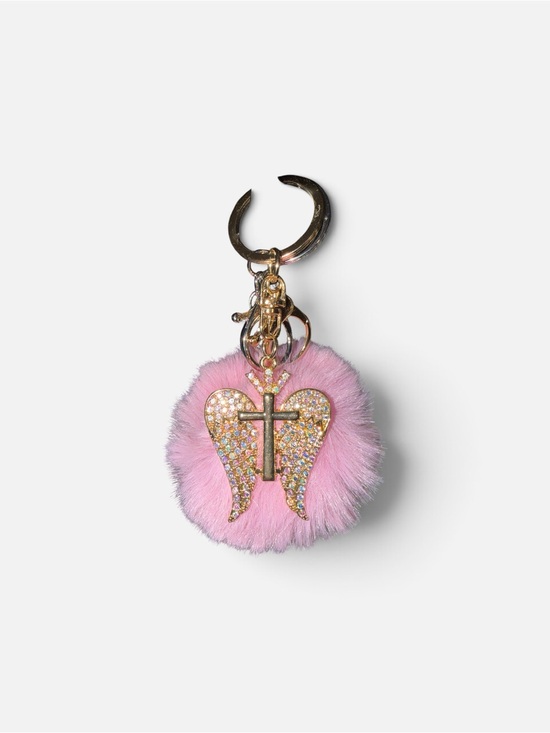 Accessories - Pink Fur Pom Keychain with Rhinestone Angel Wings & Cross